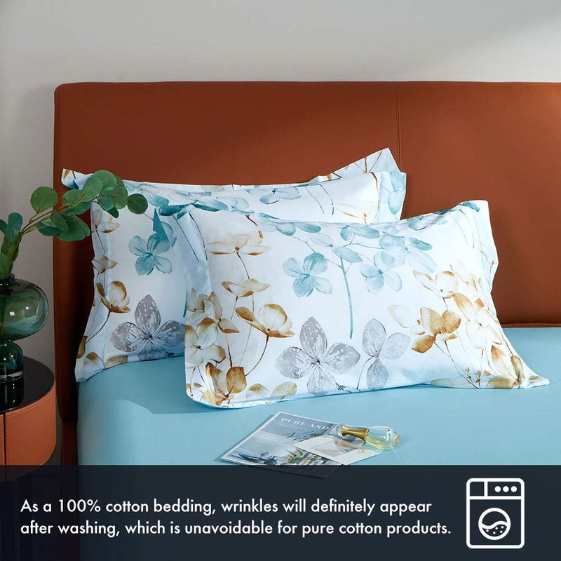 MILDLY 100% Long Staple Cotton Duvet Cover Set Blue Leaves Printed Comforter Cover Set Watercolor Plant Bedding - Image 5